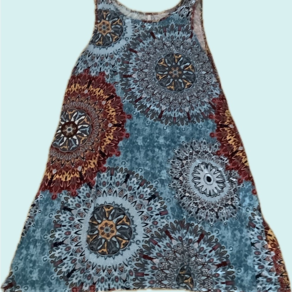 Asymmetrical Blue and Red Dress with Mandala Design